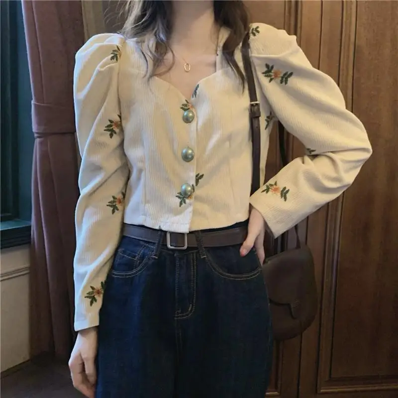 Corduroy Embroidery Shirts Women Flowers Elegant V-neck Sweet All-match Korean Style Stylish Spring Design Aesthetic Vintage New