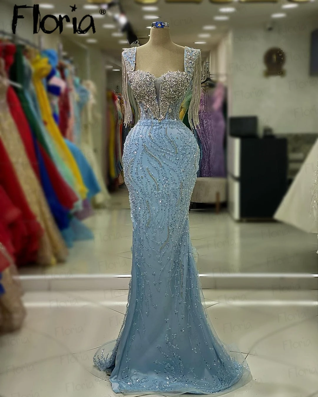 Floria Long Tassels Light Blue Formal Prom Dress for Women Wedding 2024 Detachable Train Beaded Satin Evening Party Gowns Arabic