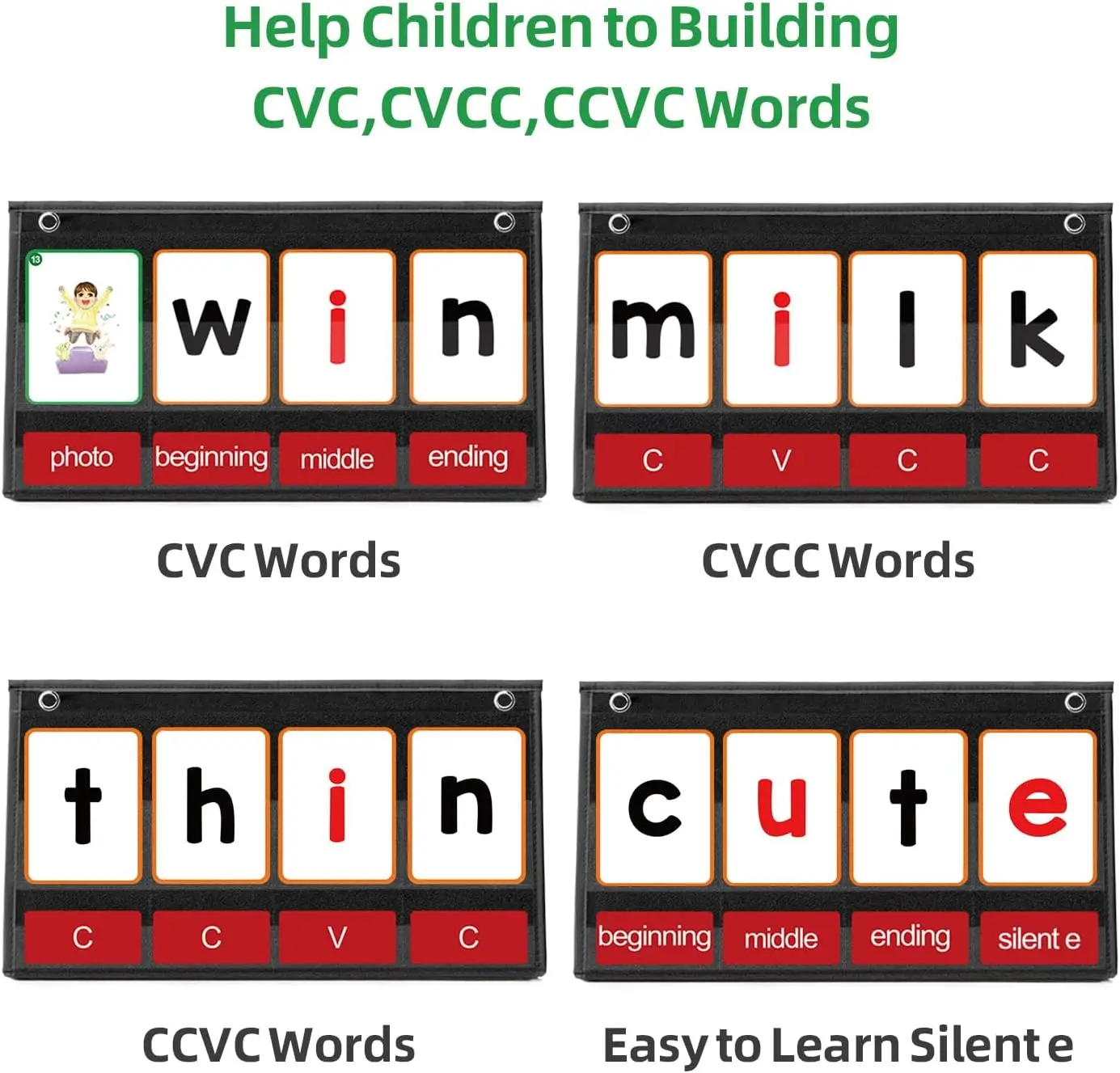 CVC Word Building Pocket Chart with 107 Flash Cards Desktop Pocket Chart Kindergarten Classroom Must Haves CVCC Phonics Games