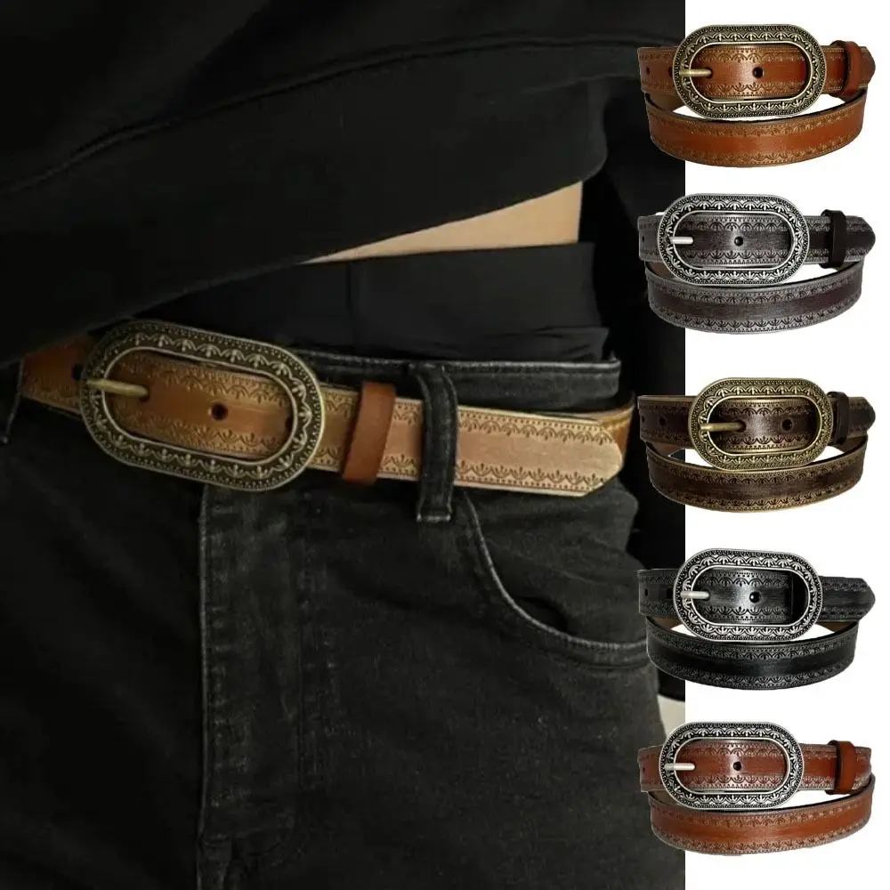 Cinturón Retro degradado para hombre, cinturón de cuero PU ajustable de 2,8 CM, hebilla de Metal tallada en relieve, pretina Vintage para pantalones vaqueros