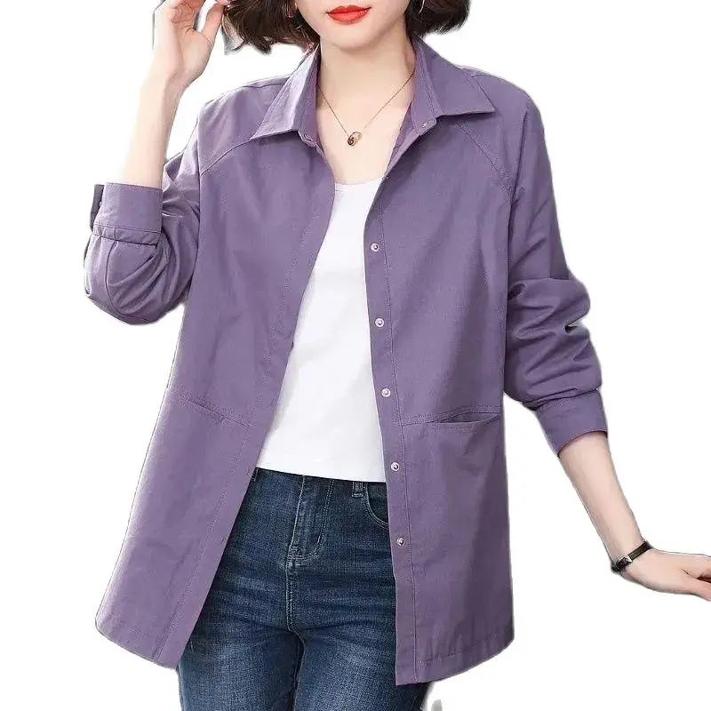 

Spring And Autumn 2023 New Jacket Style Pure Cotton Lady Shirt Medium Long Lapel Women's Loose Top Casual Thin Temperament Coat