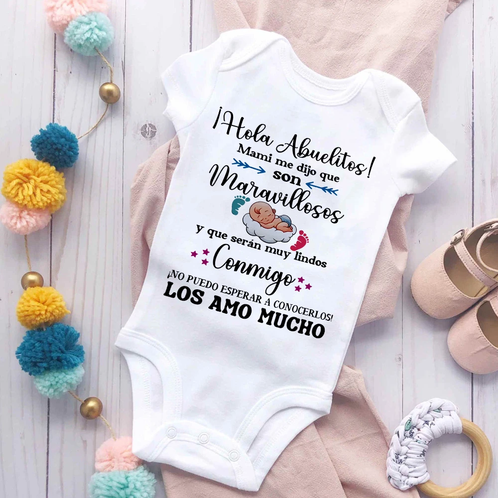 Hello Grandparents Spanish Printed Baby Bodysuit Pregnancy Announcement Baby Clothes Newborn Romper Infant Short Sleeve Jumpsuit