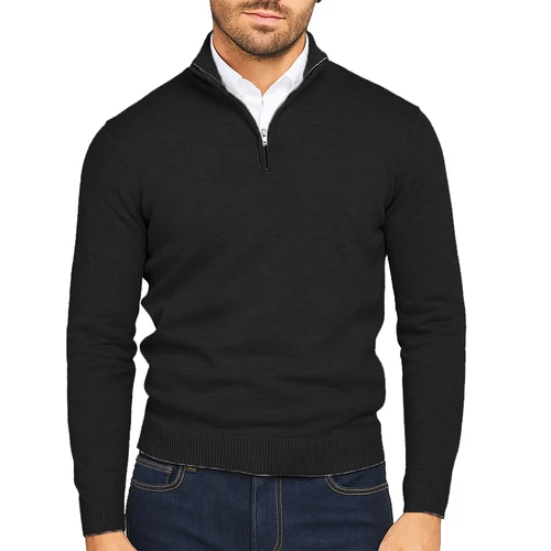 Imagen 2 del producto Otoño para hombre, jersey con cremallera de un cuarto, suéter ligero con cuello simulado, jersey ajustado, suéteres tipo Polo informales de punto, ropa de abrigo cálida para invierno