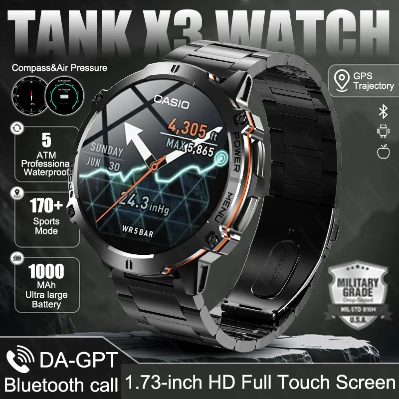 

New TANK X3 Military GPS Men Smart Watch 1.73-inch HD Screen 1000mAh Large Battery 5ATM Waterproof 170+Sport Mode Man Smartwatch