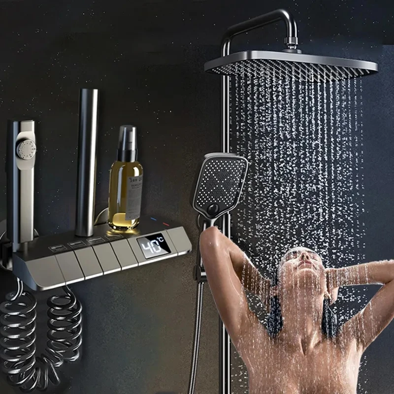 4 Functions Bathroom Shower Faucet Set Digital Display Shower Thermostat Hot Cold Showers Mixer High Discharge Copper Taps