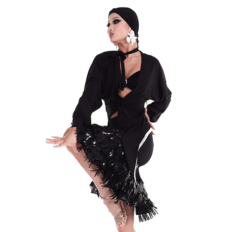 

Latin Dance Performance Costumes Black V-neck Long Sleeve Tops Tassels Skirt Suit For Women Chacha Samba Dance Dress DN20578
