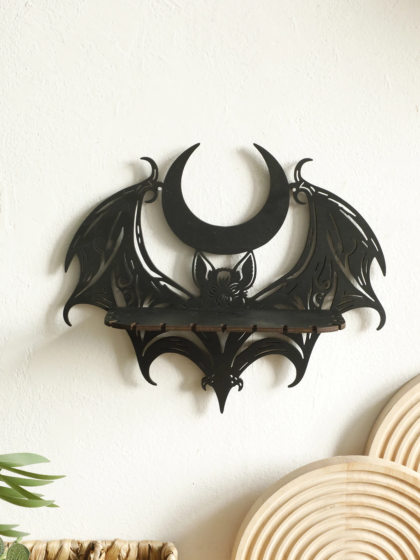 Black Wooden Wall Shelf Gothic Bat Moon Profiling Hollow Pattern Floating Shelf Crystal Holder Goth Home Decor Witch Room Decor