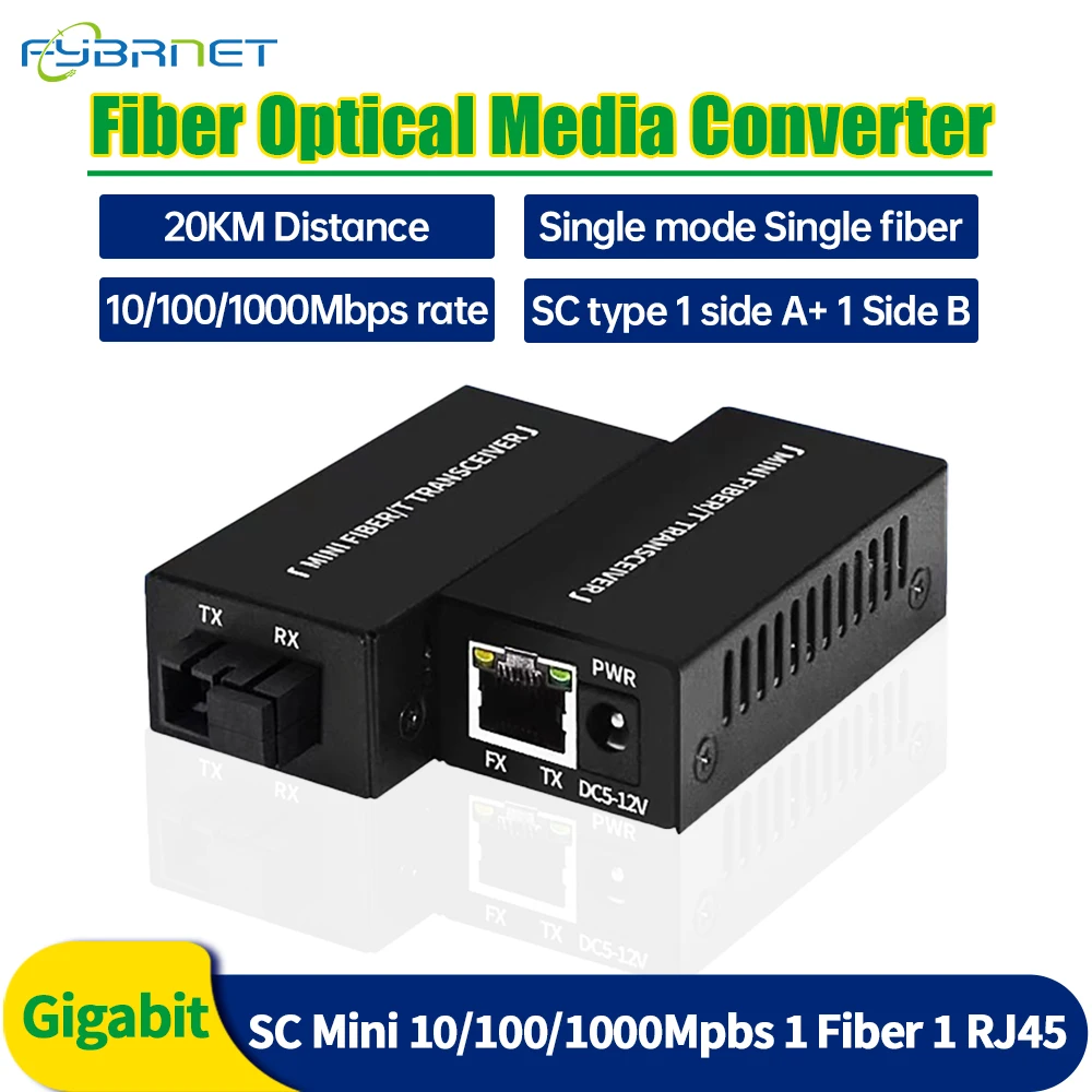 1 Pair Gigabit  Mini 1F1E Optical Fiber Media Converter Fiber Transceiver Singlemode Simplex 100/1000M SC 25KM Fiber Switch