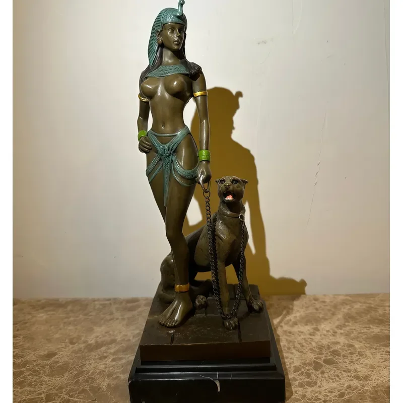 American-style Bronze Sculpture of a Girl Leading a Leopard; European-style Figurative Sculpture.