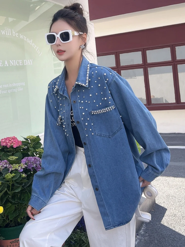 Damska, codzienna, długa kurtka dżinsowa z perłami i dżetami, na wiosnę i jesień, nowa, warstwowa, luźna odzież wierzchnia w stylu koreańskim.