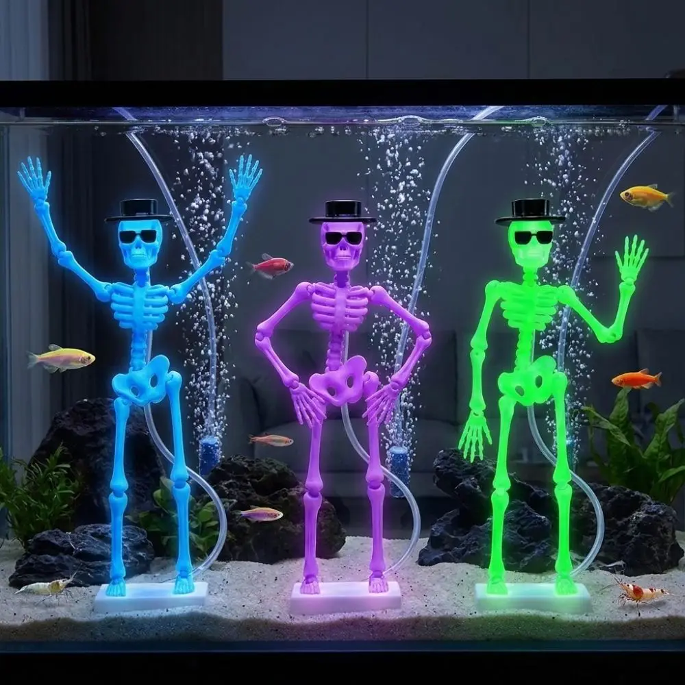 New 3D Printed Dancing Skeleton Aquarium Bubbler Plastic Wear Hat Sunglasses Dynamic Skeleton Bubbler Gothic Air Driven