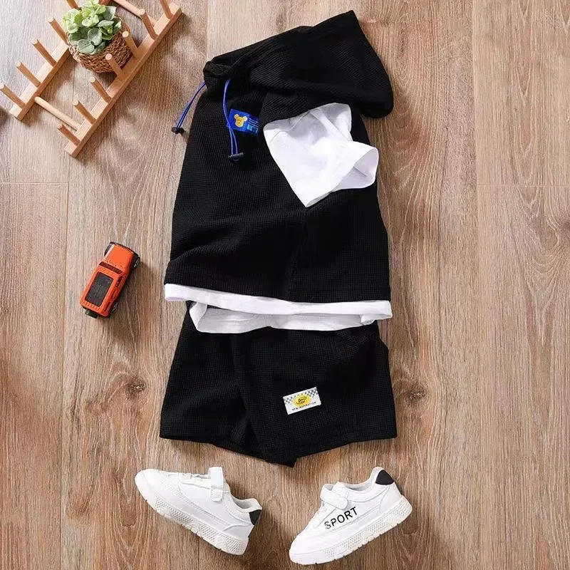 Summer Baby Boy Clothes Set Hoodies T-shirts and Shorts Suit Children Girls Waffle Patchwork Top Bottom 2pcs Outfits Tracksuit