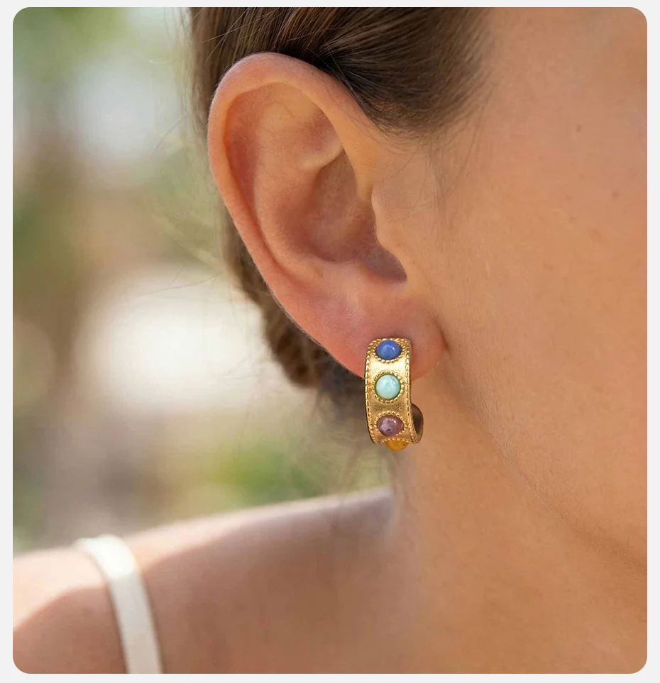 Vnox Elegante C-förmige Ohrstecker mit mehrfarbigen Steinen für Damen, Vintage-Stil, bunte Natursteine, trendiger Ohrstecker, Partyschmuck – Detail 3