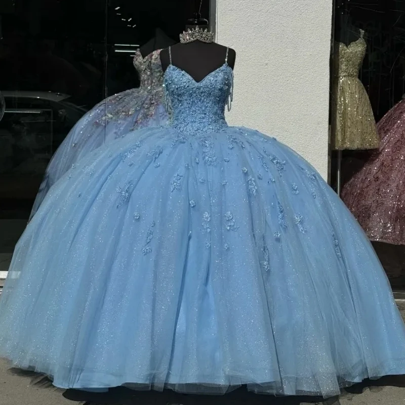 Maßgeschneidertes babyblaues Quinceanera-Kleid mit Applikation, Spitze, Spaghettiträger, Geburtstagsfeier, mexikanisches Mädchen-Abschlussballkleid, Vestidos de 15 Jahre