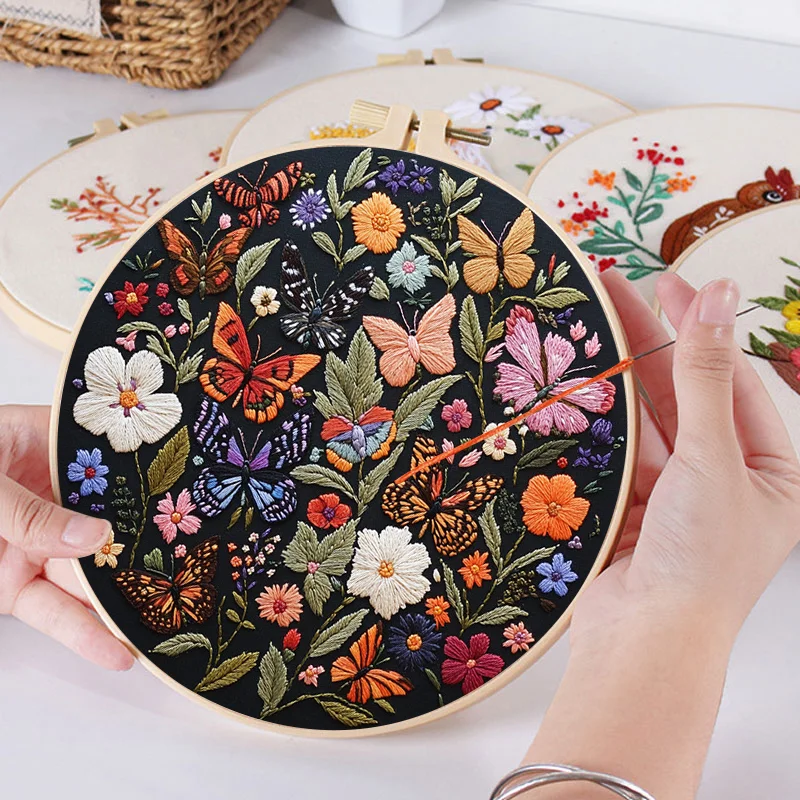 Butterfly Broidery Kit with flower Embroidery Kit for Beginners Needles Enough Embroidery Thread
