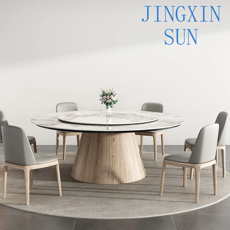 Nordic solid wood rock plate round dining table with turntable modern simple embedded round table