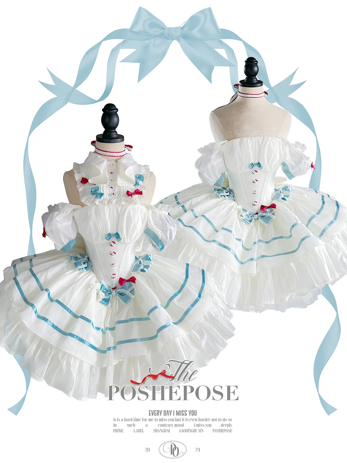 여성용 스윗 오프숄더 퍼프 슬리브 드레스, 새틴 스트라이프 스티칭 화이트 드레스, 블루 리본 장식 슬림 웨이스트 미니 드레스