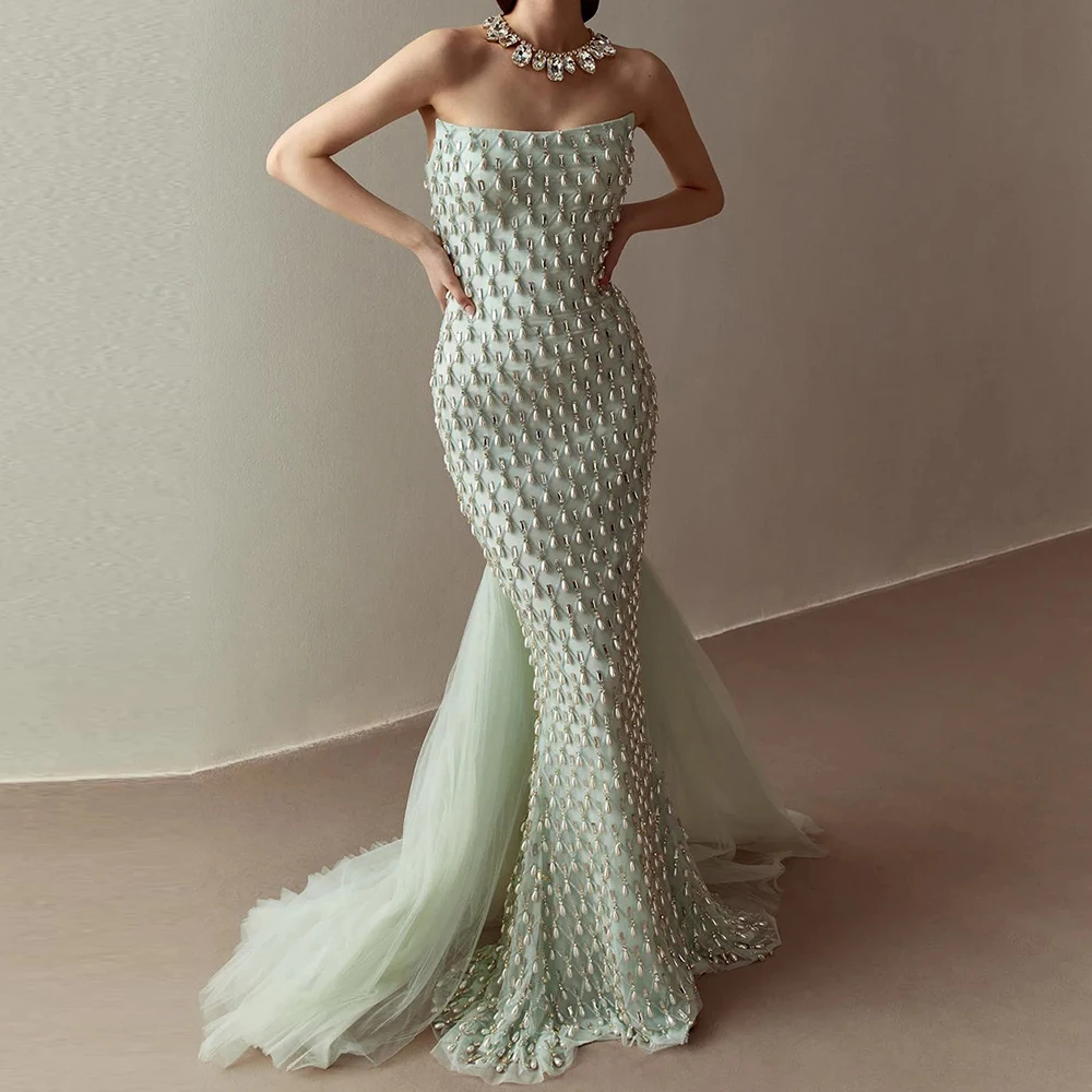 

Strapless Sleeveless Beading Pearls Mermaid Floor Length Tulle Zipper Back Exquisite Evening Dresses For Formal Occasions Woman