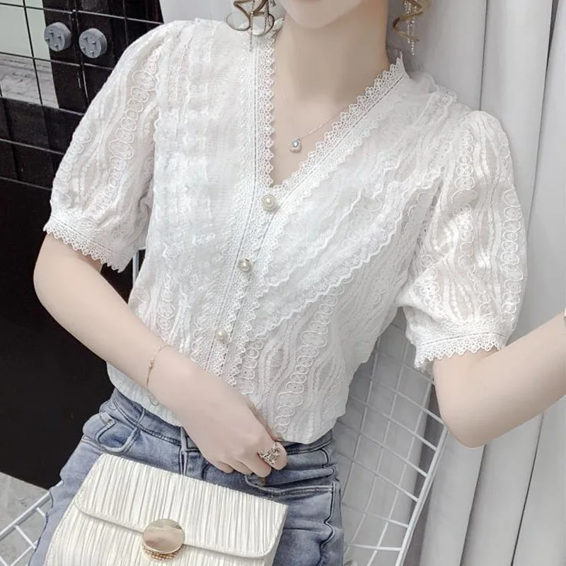 Summer Elegant Female V-Neck Short Sleeve Lace Blouse Commute Solid Color Fashion Button Spliced Slim Shirt Women\'s Clothing