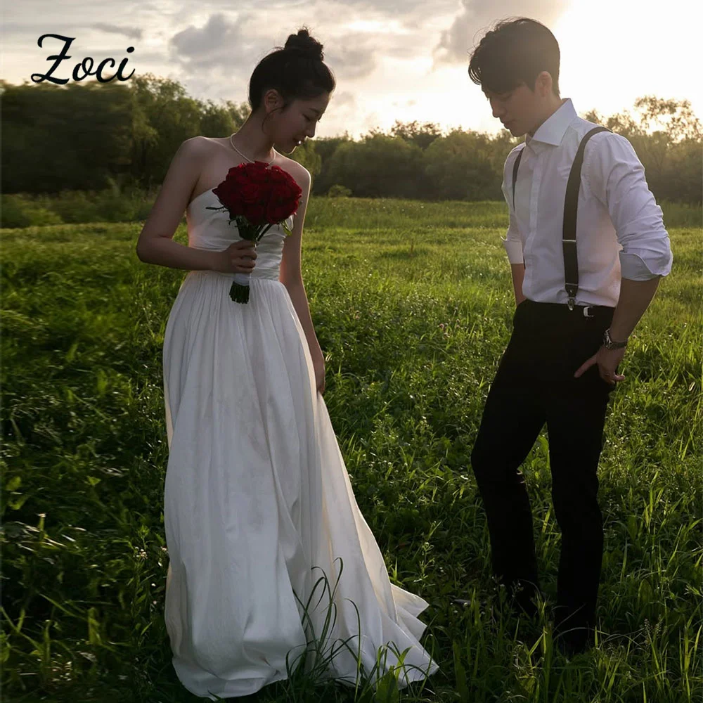 

Zoci Elegant Strapless Taffeta Wedding Reception Dresses Korea Photos Shoot Floor Simple Bridal Gowns Corset Back Customized