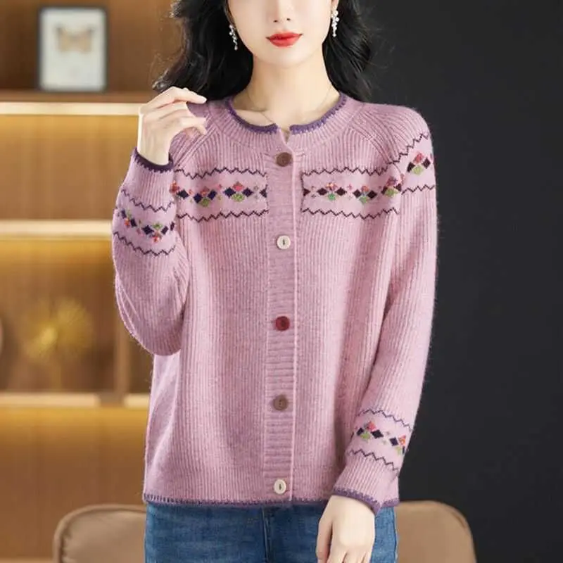 Knitwear Spring and Autumn New Jacquard Knitted Cardigan Women\'s Loose Sweater Coat Round Neck Long Sleeve Knitted Sweater