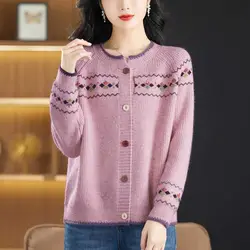 Knitwear Spring and Autumn New Jacquard Knitted Cardigan Women's Loose Sweater Coat Round Neck Long Sleeve Knitted Sweater