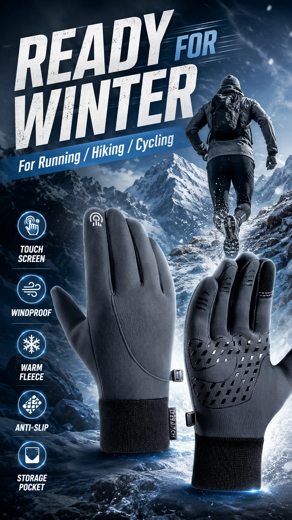 Graue Winterhandschuhe Touchscreen-fähig Warm Rutschfest Wasserdicht Winddicht Outdoor-Handschuhe für Radfahren Laufen Wandern – Detail 1