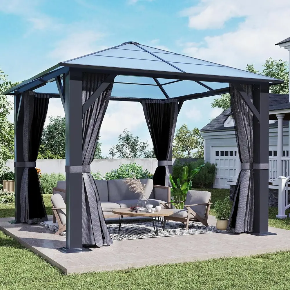 

10x10 ft Durable Polyethylene Hardtop Gazebo with Curtains and Netting for Outdoor Patios and Decks