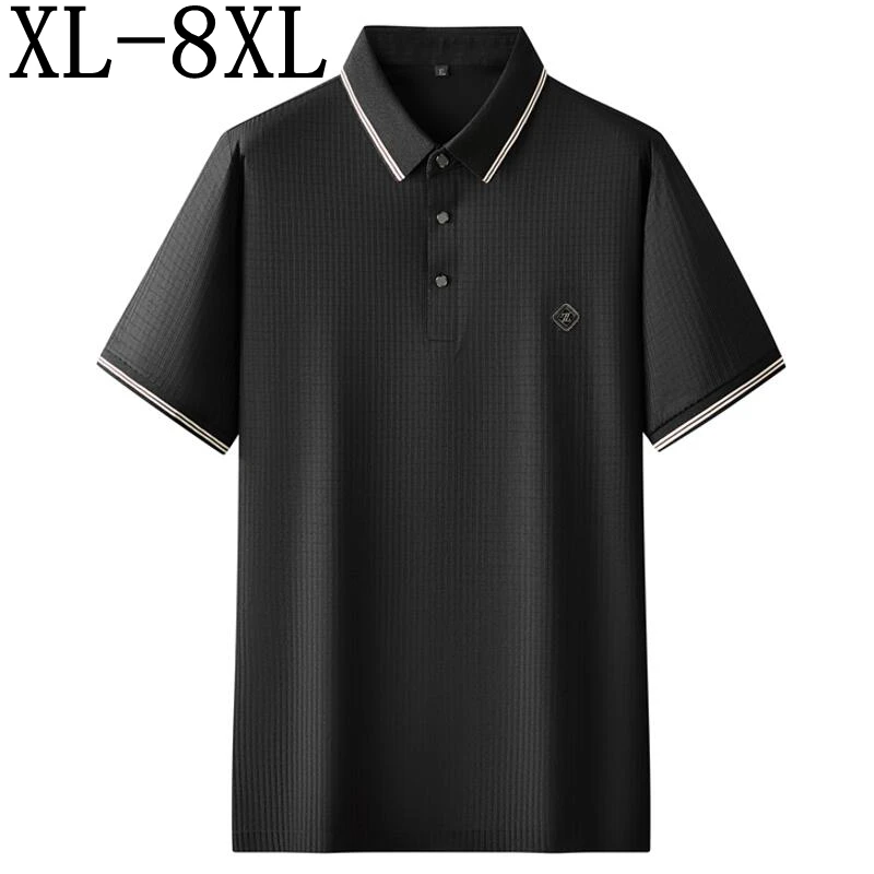 

8XL 7XL 6XL 2024 New Summer High End Luxury Plaid Polo Shirt Men Short Sleeve Lapel Mens Shirts Ice Silk Breathable Polo Homme