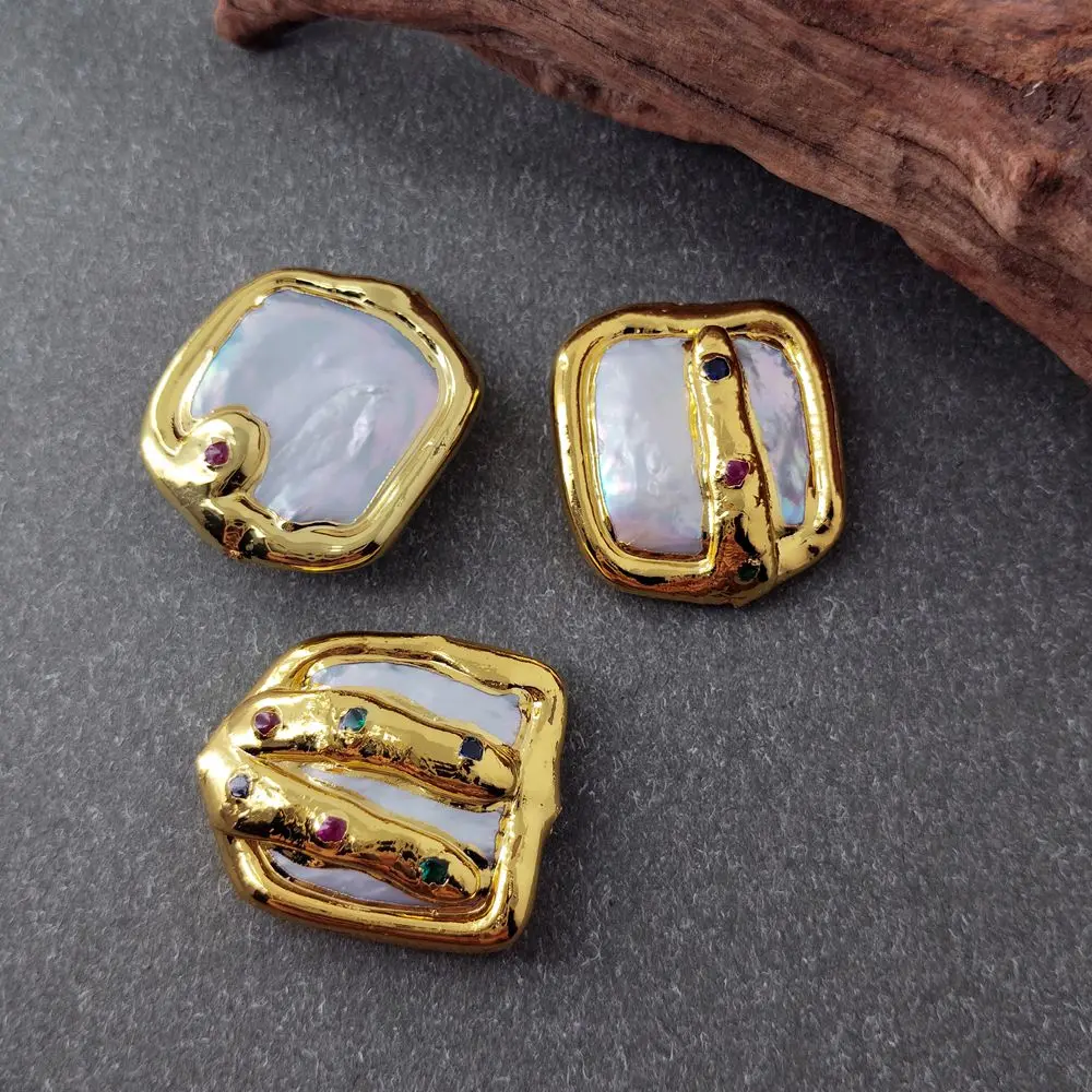 

5 PCS Freshwater Cultured White Pearl Rectangle Metal Bezel Connector Beads