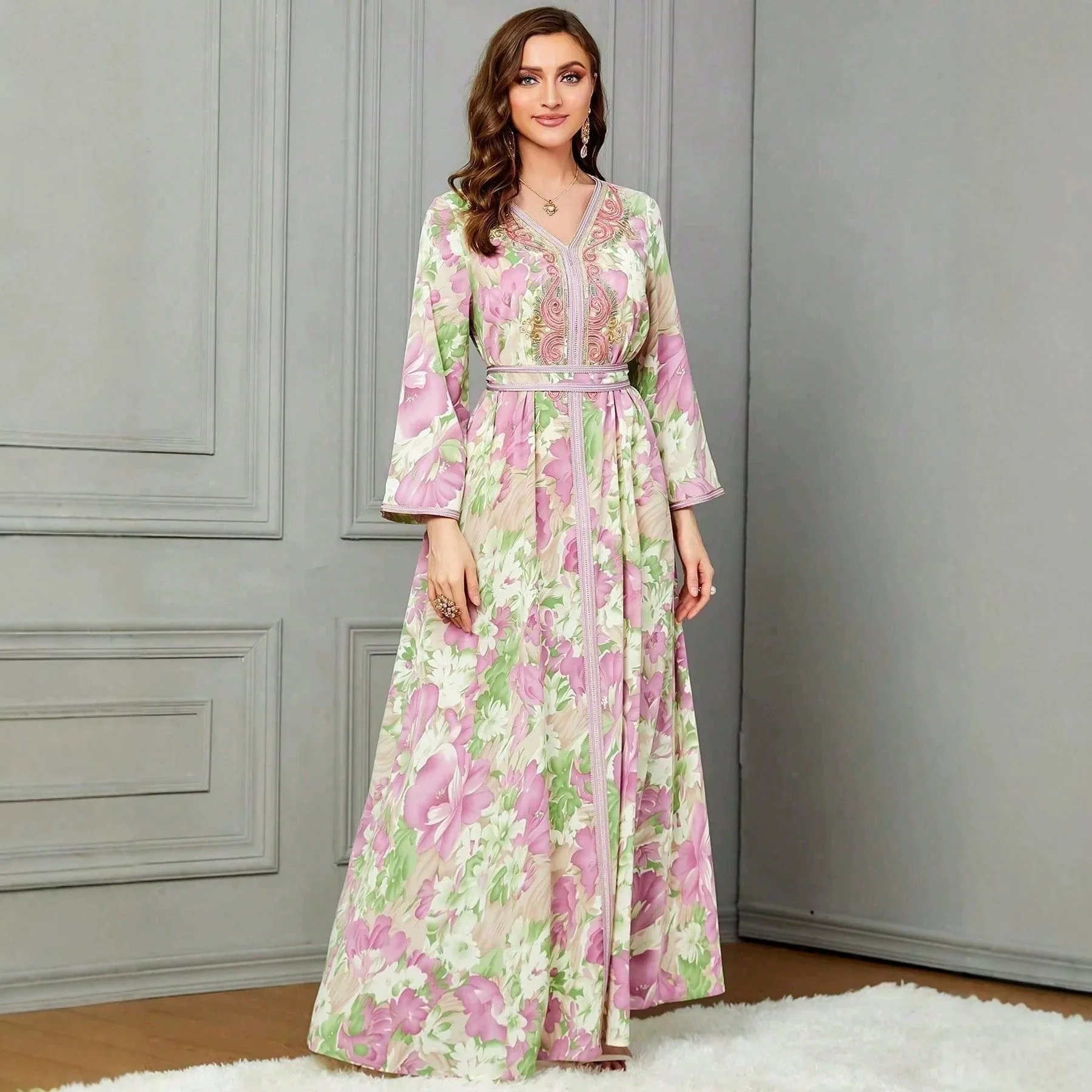 

Dress Women Eid Muslim Flower Print Abaya Party Dresses Jalabiya Ramadan Vestidos Morocco Dubai Lace Up Kaftan Islam Long Robe