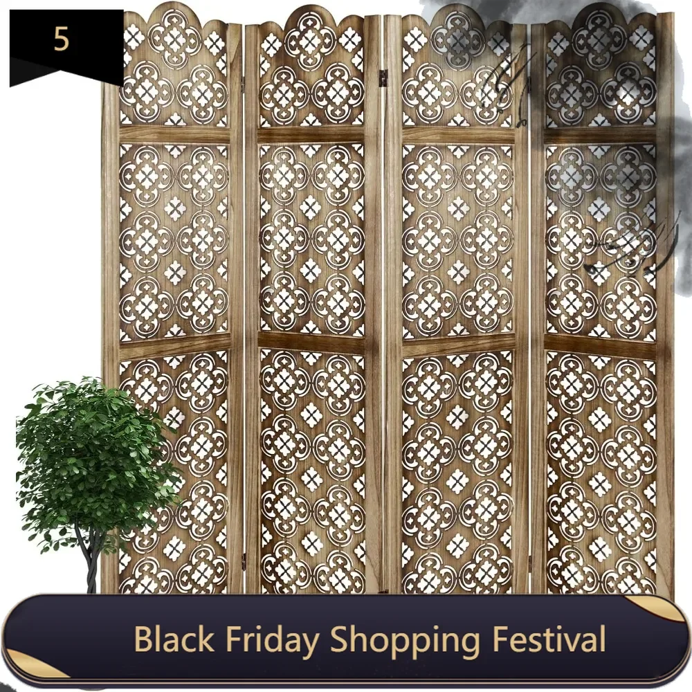 Panel Cutout Room Divider Fully Assembled 5.6Ft Wooden Room Divider and Folding Screens Natural Brow