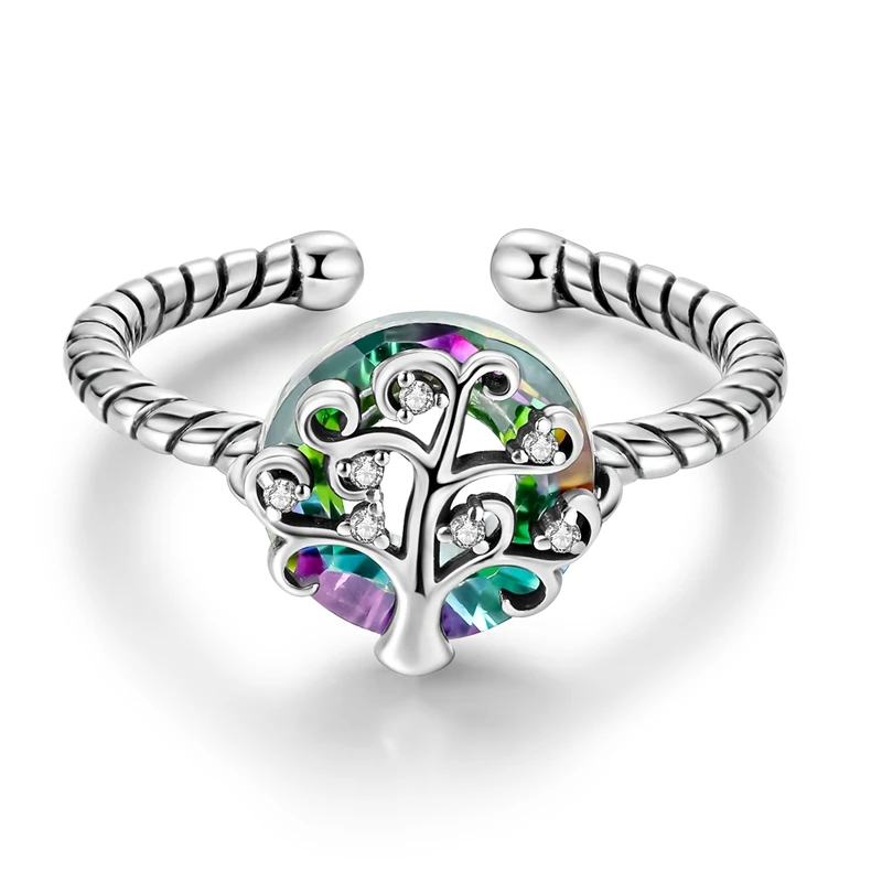 Precioso anillo de Plata de Ley 925 para mujer, sortija de árbol de la vida familiar colorida, sin tamaño, anillo abierto, accesorios de joyería para juego en el bosque