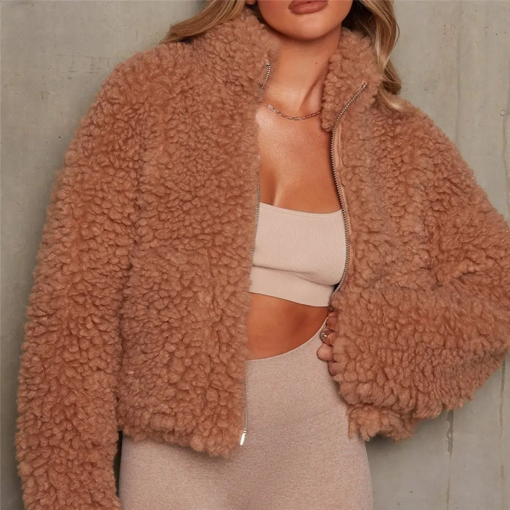 Women Teddy Fleece Sweater Sexy Luxury Faux Fur Cropped Jacket Turtleneck Zipper Cardigan Plus Size 3XL Winter Streetwear