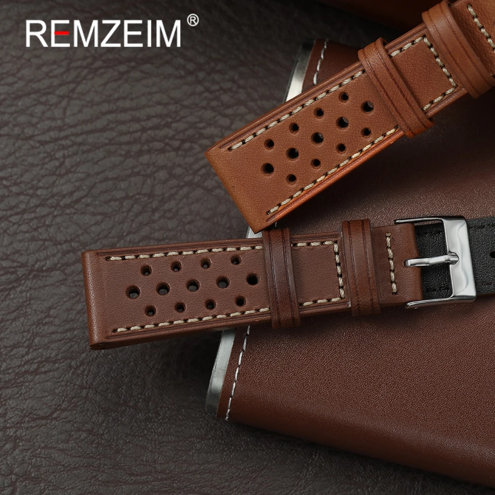 خمر اليدوية الطبقة الأولى جلد البقر حزام الساعات 20 مللي متر 22 مللي متر الساعات سوار الرجال النساء تنفس حزام ساعة اليد