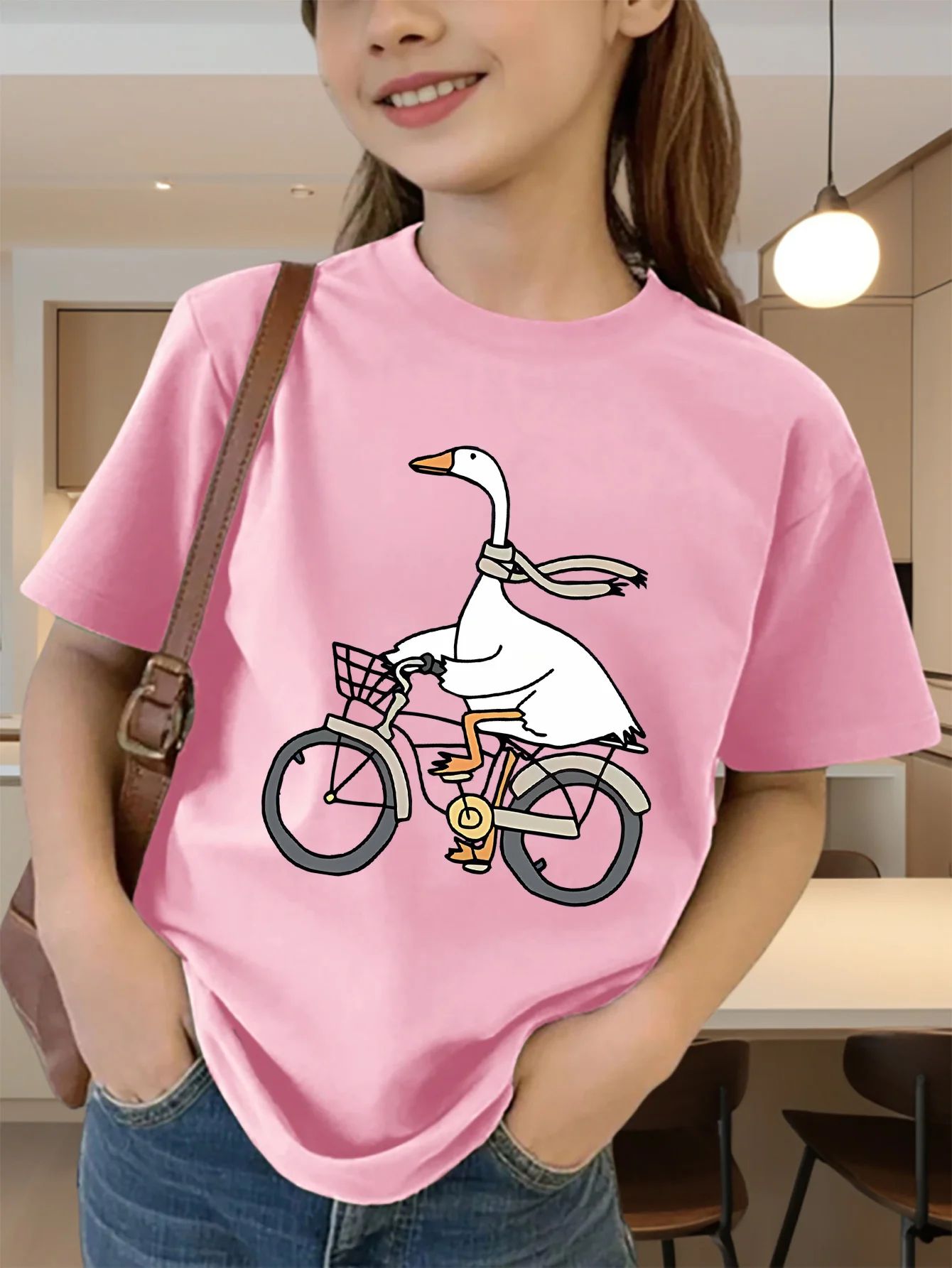Cartoon Goose Riding Bicycle Print Boys Girls T Shirt Cute Animal Kids Tee Parent Child Matching Casual Summer Family Daily Tops