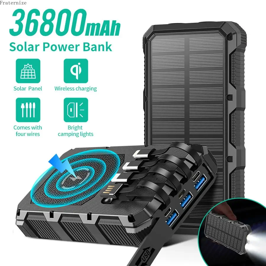 

Solar Power Bank 36800mAh Portable Wireless quick Charger External Battery Pack 5V3A Built-in Cables outdoor Bright Flashlight