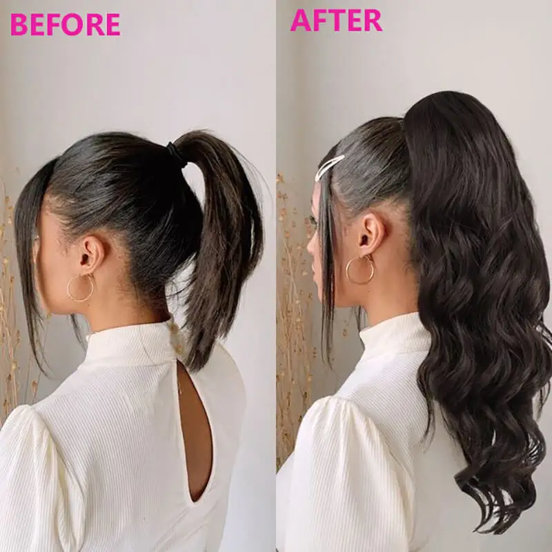 Extensiones de cabello humano rizado y ondulado con Clip de cordón para mujer, extensión de cola de caballo con Clips, 14-22 pulgadas