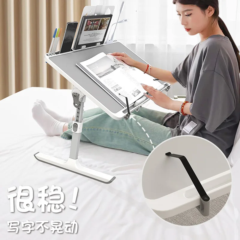 Foldable Height Adjustable Bed Desk With Built-in Bookshelf Multifunctional Dorm Laptop Stand Kids Reading Study Table