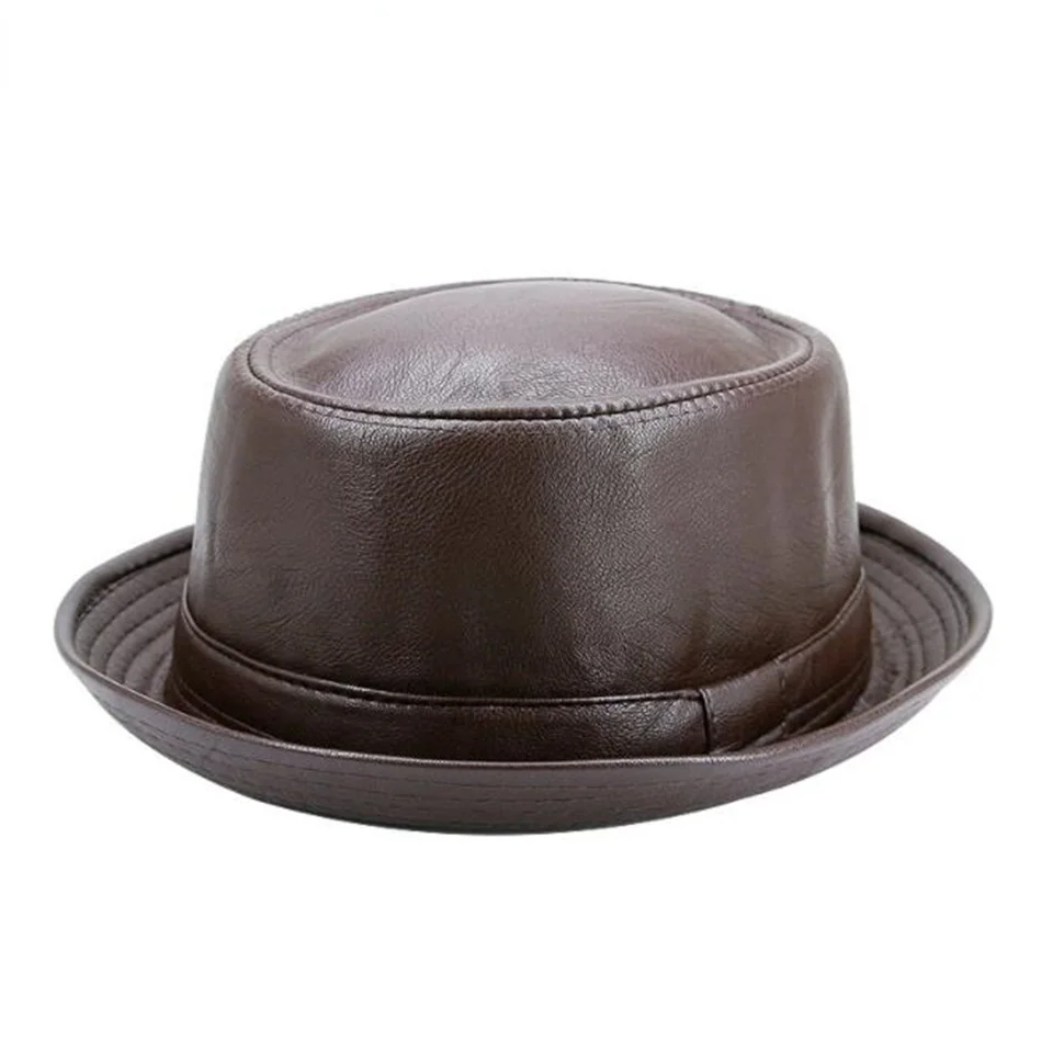 Sombrero Trilby de cuero negro para hombre y mujer, gorra de Fedora Retro, gorras de marca Porkpie, sombreros de Jazz Vintage, nueva moda, otoño