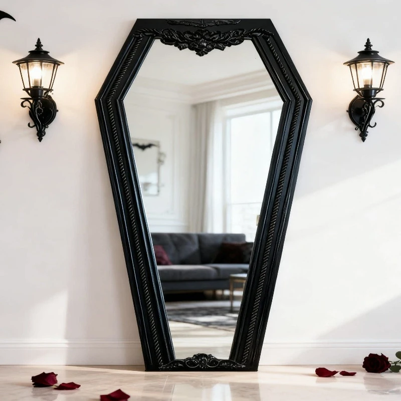 Special-shaped black carved full-body mirror retro light luxury wall-mounted decorative mirror