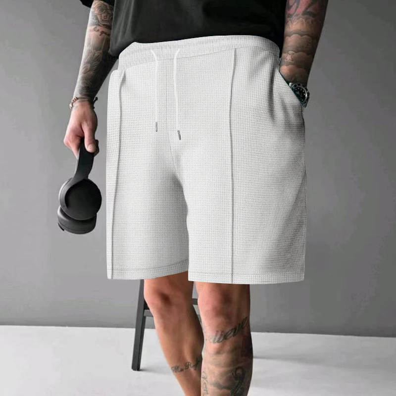 2024 Summer Breathable Waffle Shorts Men Vintage Pleated Solid Color Straight Shorts Streetwear Mens Hip Hops Loose Short Pant