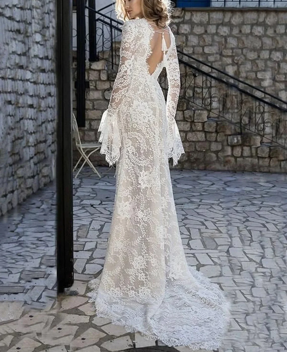 customized 11944# Bohemian Lace Beach Wedding Dress Sexy Deep V-Neck Backless Bell Sleeves Boho Sweep  Train  Wedding Dress