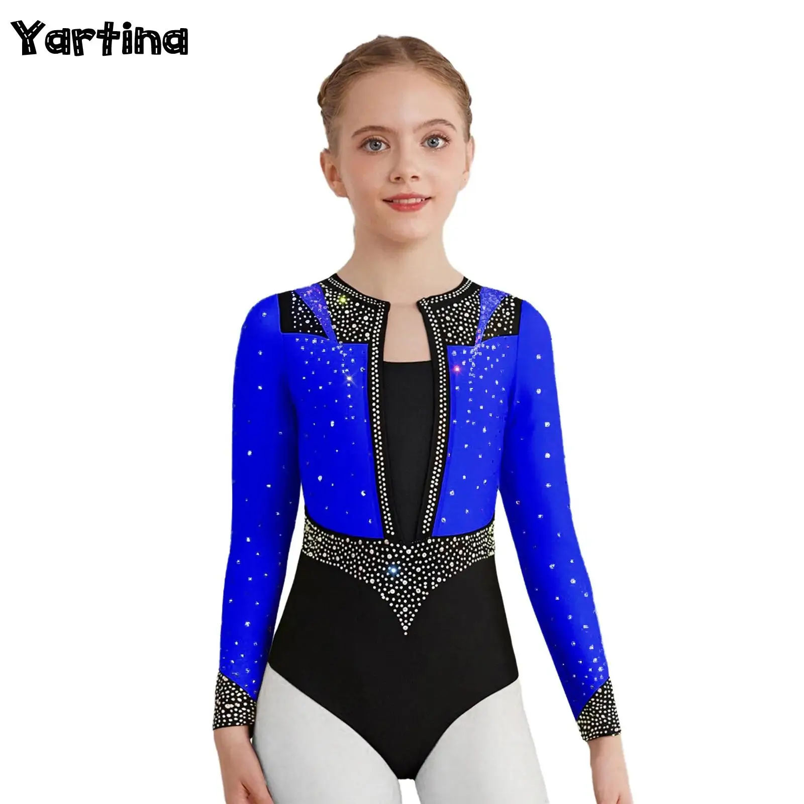 أطفال بنات كم طويل لامعة الراين الجمباز يوتار الباليه تهزهز التزلج أداء زي جيرسي ارتداءها JDancewear