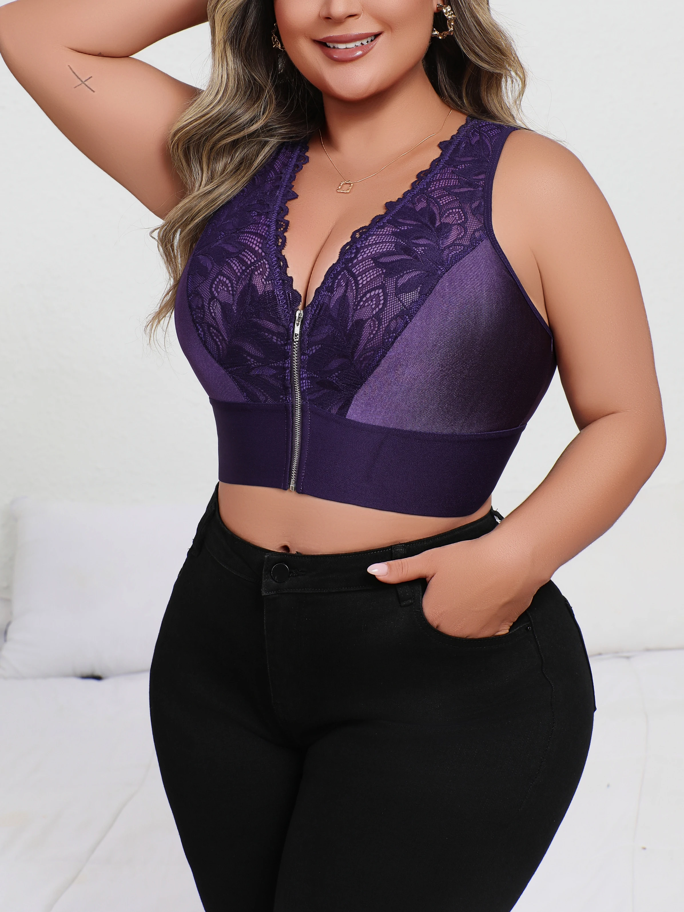 Nova chegada plus size sexy roxo bordado lingerie, sutiã push-up mergulho com zíper frontal