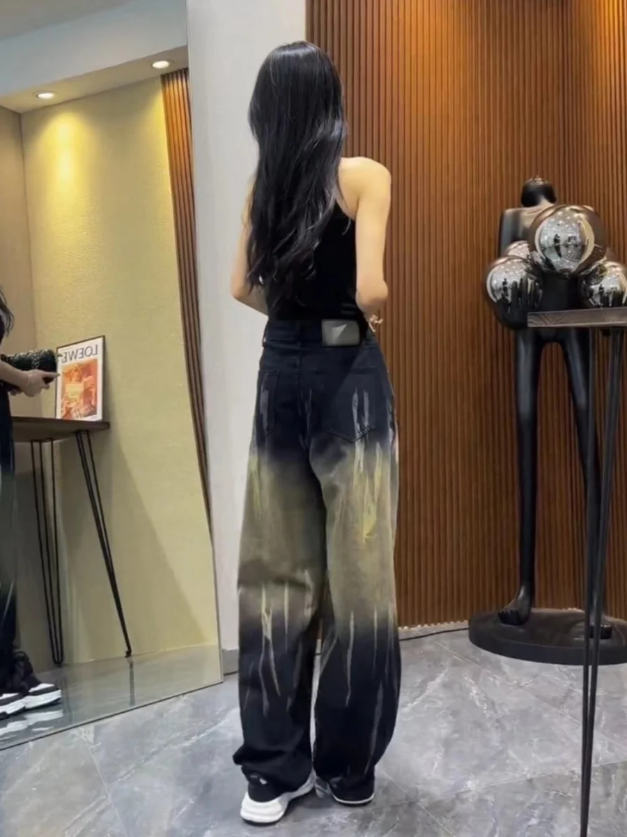 Jeans à taille haute rétro américain tie-dye, nouveau design sensationnel pour femmes, petite taille plus, pantalon droit longueur au sol