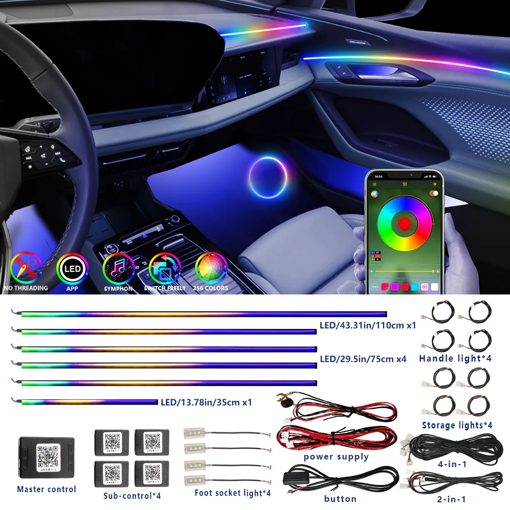 2/18 in 1 Led Acrylic Car Ambient Light RGB 64 213 Color Symphony Acrylic APP Streamer Atmosphere Lamp Kit One Zone Dual Zone