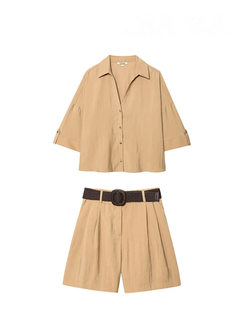 HH レディース エレガント ターンダウンカラー シングルブレスト シャツ トップス+シックなミッドウエストベルト装飾 ジッパー付きカジュアルショーツ 2点セット