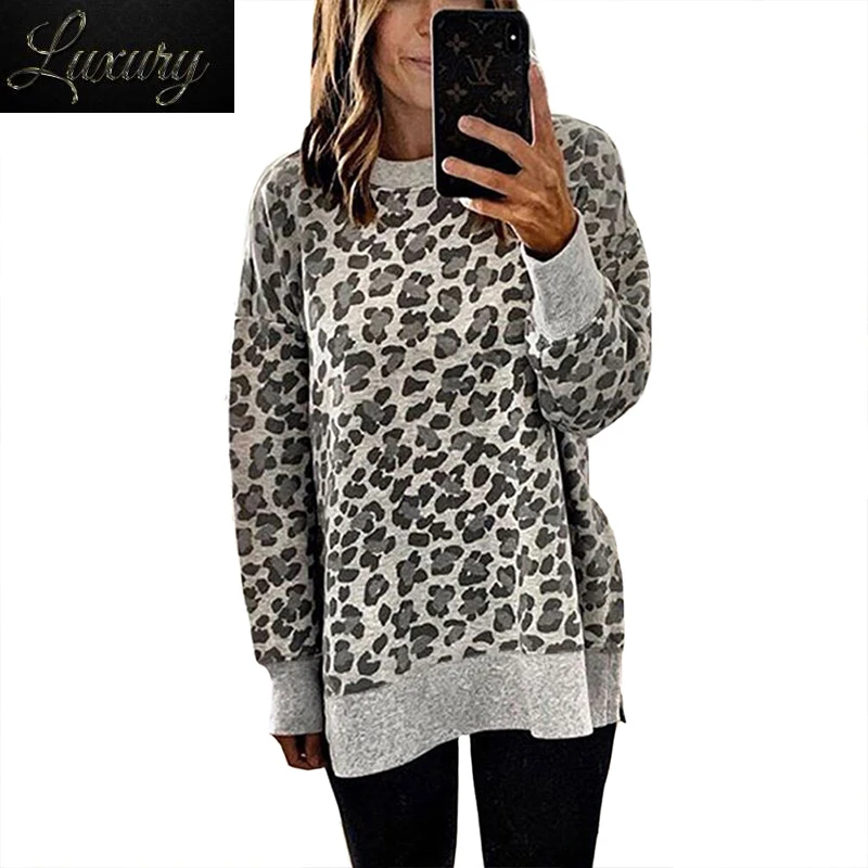 

2024 New Fashion Women Sweatshirt Round Neck Print Leopard Jersey Loose Shirt 5 Colors Pullovers Tops