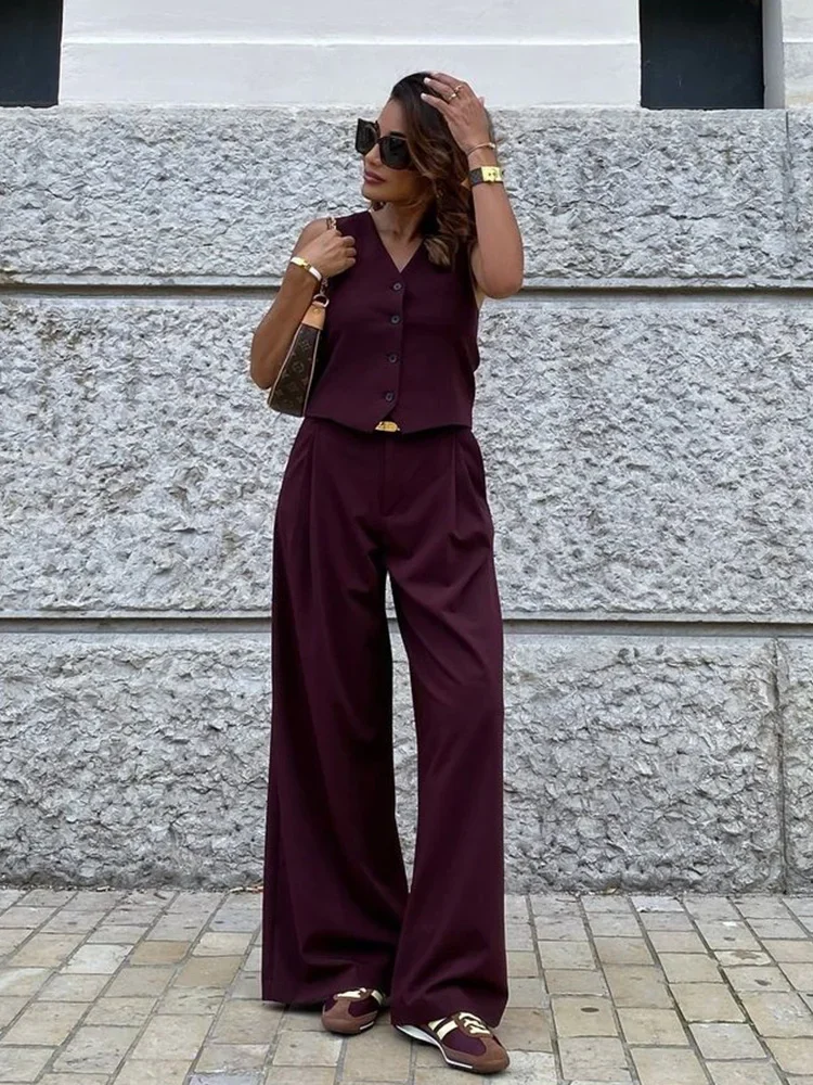 Foridol Burgundy Vest+pants Set Outfits Women Autumn Winter Casual Matching Set 2024 Chic Trends Color Wide Leg Pant Suit